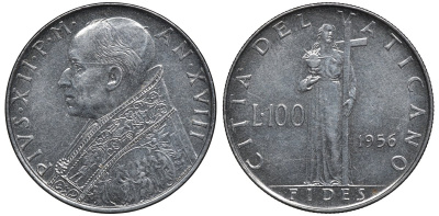 Ватикан 100 лир 1956 папа Пий XII (1939-1958) KM 55 нержавеющая сталь UNC 4579-716