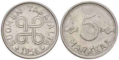 Финляндия 5 марок 1956 KM 37a железо плакированная никелем 4169-254
