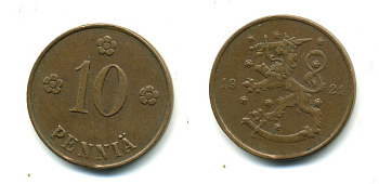 Финляндия 10 пенни 1921 республика (1918-1962) KM 24 медь 46-137