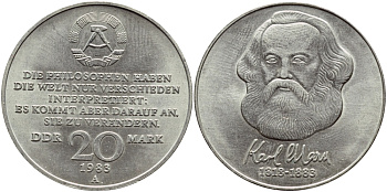 ГДР 20 марок 1983 А, 100 лет со дня смерти Карла Маркса (1818-1883) J. 1592, KM 95 медь никель цинк UNC 4394-336