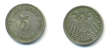 Германия 5 пфеннигов 1906 J KM 11, Jager 12, Weege 6 медно-никель 4379-531