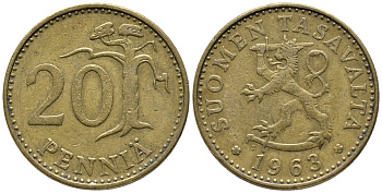 ФИНЛЯНДИЯ 20 ПЕННИ 1963 KM 47 алюминиевая бронза 34-1042
