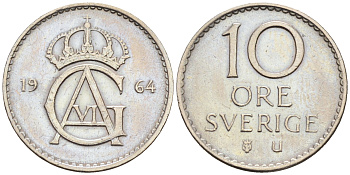 Швеция 10 эре 1964 U, Густав VI Адольф (1950-1973) КМ 835 медно-никель 4169-112