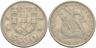 ПОРТУГАЛИЯ 5 ЭСКУДО 1977 ПАРУСНИК KM 591 медно-никель 87-932