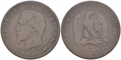 ФРАНЦИЯ 5 САНТИМОВ 1854 A, НАПОЛЕОН III (1852-1870) KM 777.1, LE FRANC 116.8 бронза 4448-1222