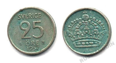 Швеция 25 эре 1957 T;S, Густав VI Адольф (1950-1973) KM 824 серебро 25-1455