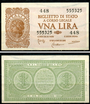 Италия 1 лира 1944 подписи Bolaffi, Cavallaro, Giovinco Pick 29 b, Grapanzano BS 8  бумага  aUNC 8614-10-3-1