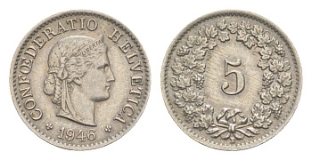 Швейцария 5 раппенов 1946 B KM 26 медно-никель 4532-563
