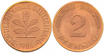 ФРГ 2 ПФЕННИГА 1984 J KM 106a, J.381a сталь плакированная сталь плакированная медьюю 4396-1616