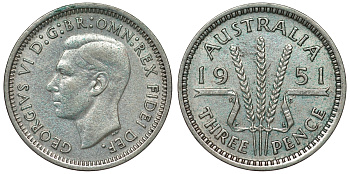 Австралия 3 пенса 1951 m, Георг VI (1937-1952), без букв KM 44 серебро 71-317