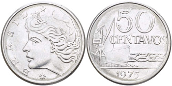 Бразилия 50 сентаво 1975 голова свободы влево KM 580a, Schon 85a нержавеющая сталь 4529-422