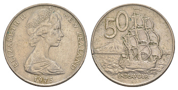 Новая Зеландия 50 центов 1975 Елизавета II (1952-2022), парусник Индевор KM 37.1 медно-никель 4645-1142