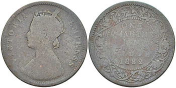 Британская Индия 1/4 анна 1882 Виктория (1837-1901) KM 486 медь 117-934