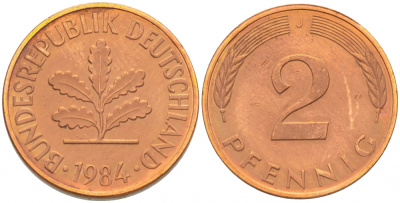 ФРГ 2 ПФЕННИГА 1984 J KM 106a, J.381a сталь плакированная сталь плакированная медьюю 4396-1616