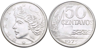 Бразилия 50 сентаво 1975 голова свободы влево KM 580a, Schon 85a нержавеющая сталь 4529-422