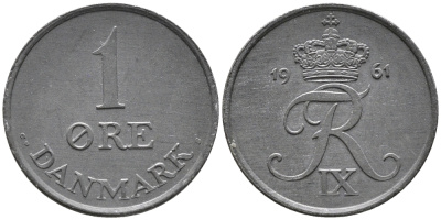 ДАНИЯ 1 ЭРЕ 1961 C; S, ФРЕДЕРИК IX (1947-1972) KM 839.2 цинк UNC 100-661