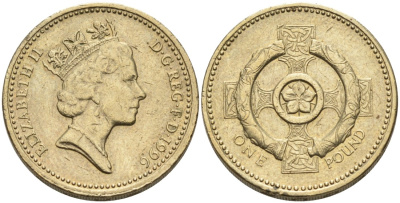 Англия 1 фунт 1996 ДИЗАЙН СЕВЕРНОЙ ИРЛАНДИИ, КЕЛЬТСКИЙ КРЕСТ KM 972, Spink 4339 никель латунь 88-515