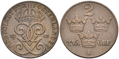Швеция 2 эре 1941 Густав V (1907-1950) KM 778 бронза 68-1235