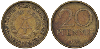 ГДР 20 пфеннигов 1969 А, первый год KM 11 латунь 62-946