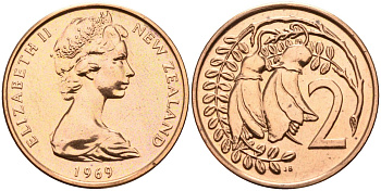 Новая Зеландия 2 цента 1969 Елизавета II (1952-2022), два цветка каухаи KM 32 бронза UNC 4143-1056