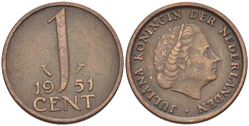 Нидерланды 1 цент 1951 Юлиана (1948-1980) КМ 180 бронза 3955-112
