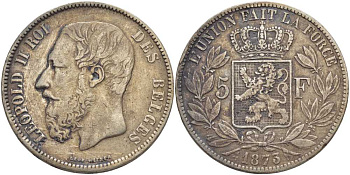Бельгия 5 франков 1873 Леопольд II (1865-1909), позиция А KM 24 серебро 5010-941