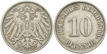 Германия 10 пфеннигов 1909 J KM 12, Jager 13, Weege 8 медно-никель 219-153