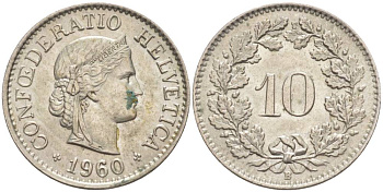 Швейцария 10 раппенов 1960 B KM 27 медно-никель     55-323