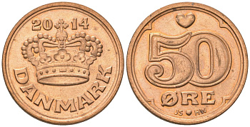 Дания 50 эре 2014 сердце JS, Маргрете II (1972-) KM 866 бронза UNC 4561-453