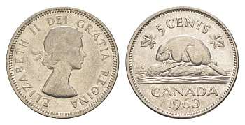 Канада 5 центов 1963 Елизавета II (1952-2022), бобр KM 57 никель 4636-565