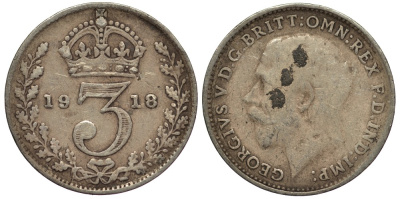Великобритания 3 пенса 1918 Георг V (1910-1936) KM 813, Spink 4015 серебро 4528-464