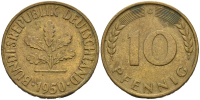 ФРГ 10 ПФЕННИГОВ 1950 G KM 103, J. 378 сталь плакированная латунью 4514-954