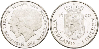 Нидерланды 1 гульден 1980 на коронацию Беатрикс, 30 апреля 1980 KM 200 никель 213-1251