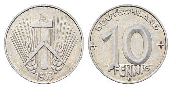 ГДР 10 пфеннигов 1953 E KM 7 алюминий 4651-623