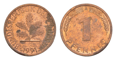 Германия 1 пфенниг 1991 A KM 105, J.380 сталь плакированная медью aUNC 4630-1232