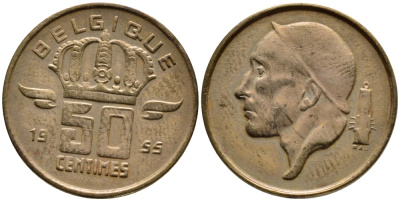 БЕЛЬГИЯ 50 САНТИМОВ 1955 BELGIQUE KM 144 бронза 4392-811