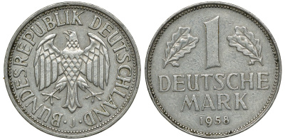 ФРГ 1 МАРКА 1958 J KM 110, J. 385 медно-никель 72-651