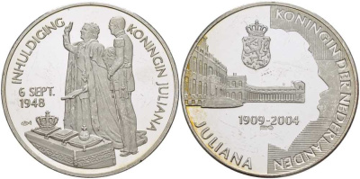 НИДЕРЛАНДЫ МЕДАЛЬ ND СЕРИЯ ЮЛИАНА КОРОЛЕВА НИДЕРЛАНДОВ (1909-2004), ИНАУГУРАЦИЯ КОРОЛЕВЫ ЮЛИАНЫ 6 СЕНТЯБРЯ 1948 ГОДА, ДИАМЕТР 38 ММ., ВЕС 25 ГР. серебро PROOF 1076-8-54