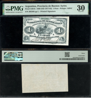 Аргентина, провинция Буэнос-Айрес 5 песо 1869 баран, женские портреты в слабе PMG 30 Very Fine Pick S481 b  бумага 452-1-126