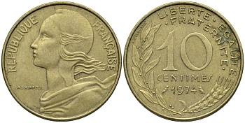Франция 10 сантимов 1974 KM 929, Le Franc 144.14 медь алюминий никель 192-655