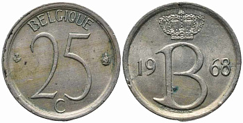 Бельгия 25 сантимов 1968 Belgique, Бодуэн I (1951-1993) KM 153.1 медно-никель 112-436