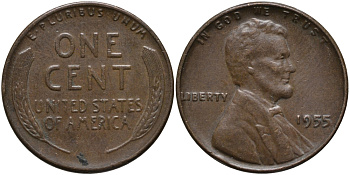 США 1 ЦЕНТ 1955 ЛИНКОЛЬН KM А132 медь цинк 46-335