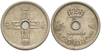 НОРВЕГИЯ 25 ЭРЕ 1946 ХОКОН VII (1905-1957) KM 384 медно-никель 3309-724