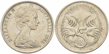 АВСТРАЛИЯ 5 ЦЕНТОВ 1982 ЕЛИЗАВЕТА II, МОЛОДОЙ ПОРТРЕТ, ЕХИДНА KM 64 медно-никель 3851-1134
