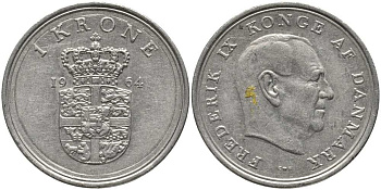 ДАНИЯ 1 КРОНА 1964 C;S, ФРЕДЕРИК IX (1947-1972) KM 851.1 медно-никель 113-855