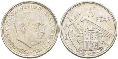 ИСПАНИЯ 5 ПЕСЕТ 1957 (70) ФРАНСИСКО ФРАНКО ДИКТАТОР ИСПАНИИ (1939-1975) KM 786 медно-никель 210-1122