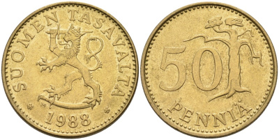 ФИНЛЯНДИЯ 50 ПЕННИ 1988 M KM 48 алюминиевая бронза 4563-451