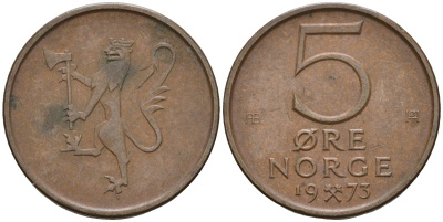 Норвегия 5 эре 1973 Улаф V (1958-1991) KM 415 бронза 4608-332