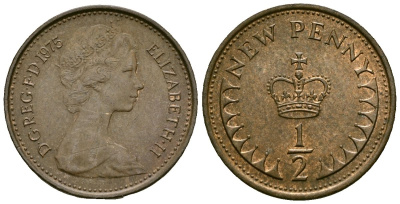Великобритания 1/2 пенни 1975 Елизавета II (1952-2022) KM 914, Spink 4239 бронза 4173-815