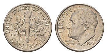 США 10 центов (дайм) 1989 D, Рузвельт KM 195a медь плакированный медно-никелем 4627-1115